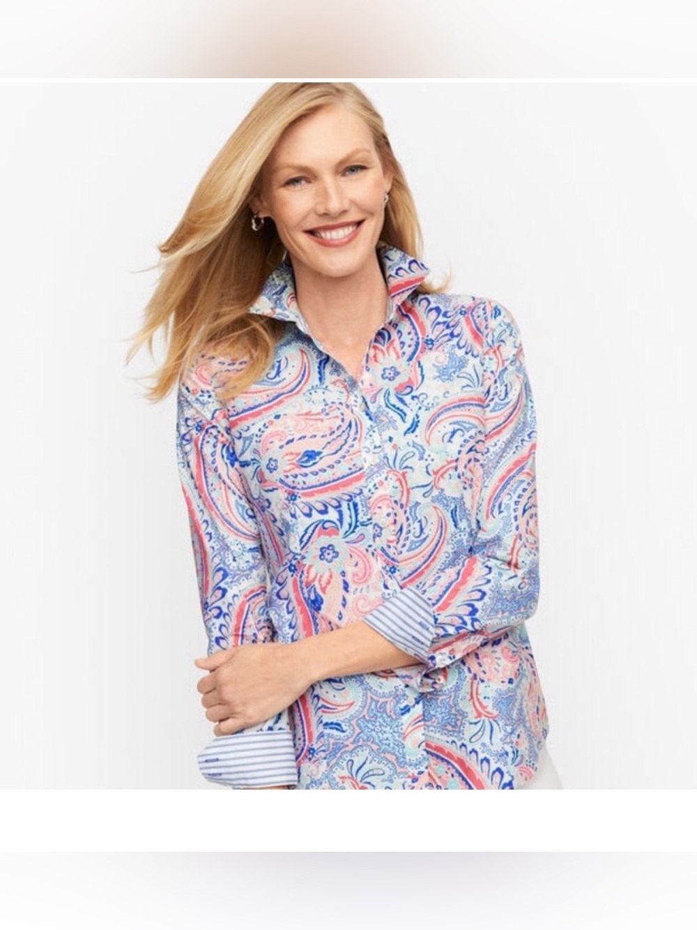 Talbots Paisley Button Front Shirt Pink Blue Cotton Collared XS